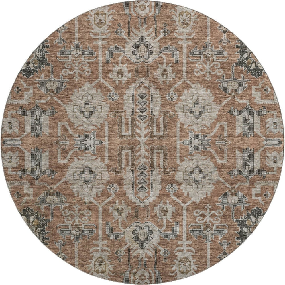 HomeRoots 8' Washable Rust Gray Charcoal Oriental Round Rug with UV Protection for High-Traffic Living Spaces 656666