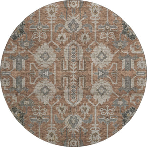 HomeRoots 8' Washable Rust Gray Charcoal Oriental Round Rug with UV Protection for High-Traffic Living Spaces 656666