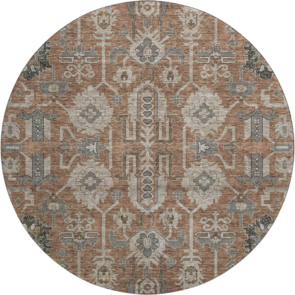 HomeRoots 8' Washable Rust Gray Charcoal Oriental Round Rug with UV Protection for High-Traffic Living Spaces 656666
