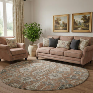 HomeRoots 8' Washable Rust Gray Charcoal Oriental Round Rug with UV Protection for High-Traffic Living Spaces 656666
