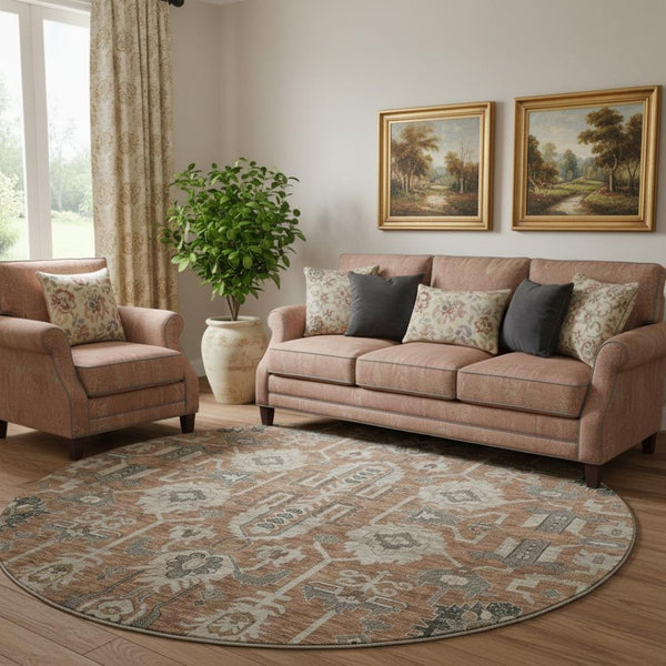HomeRoots 8' Washable Rust Gray Charcoal Oriental Round Rug with UV Protection for High-Traffic Living Spaces 656666
