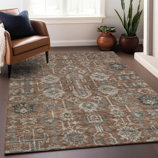 HomeRoots 9' X 12' Elegant Rust Gray Charcoal Oriental Washable Area Rug with UV Protection for High-Traffic Spaces 656668