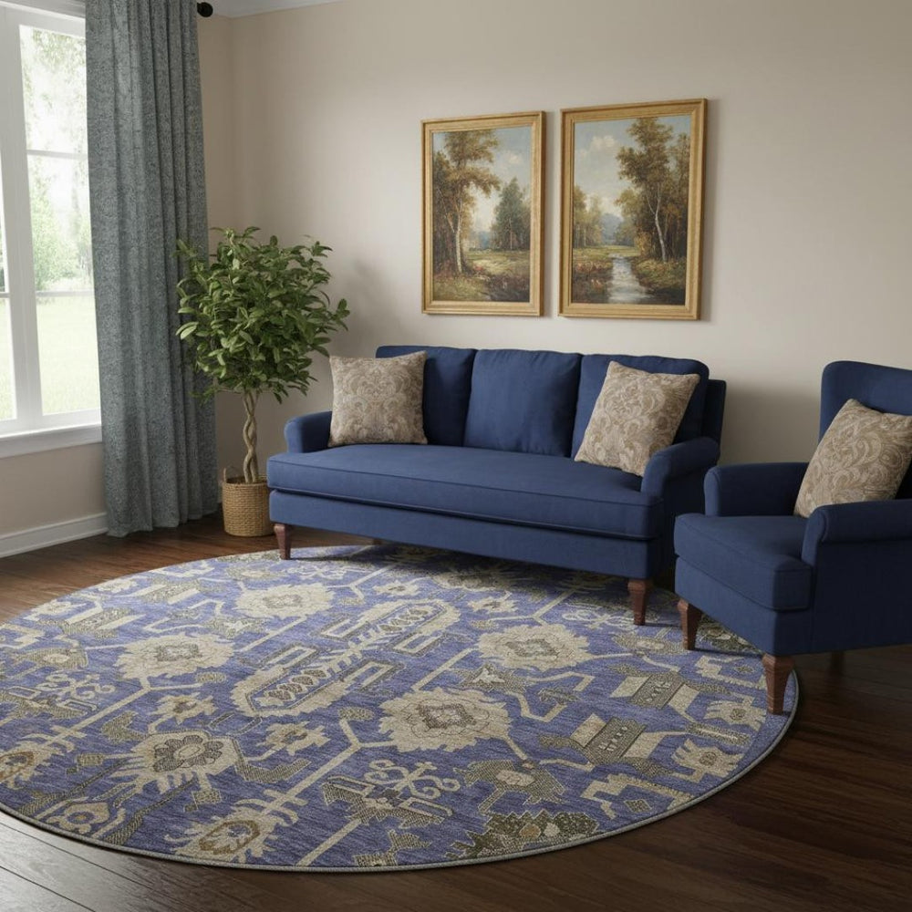 HomeRoots 8' Washable Oriental Round Rug in Purple, Beige & Charcoal - Durable, Stain-Resistant, UV Protected! 656672