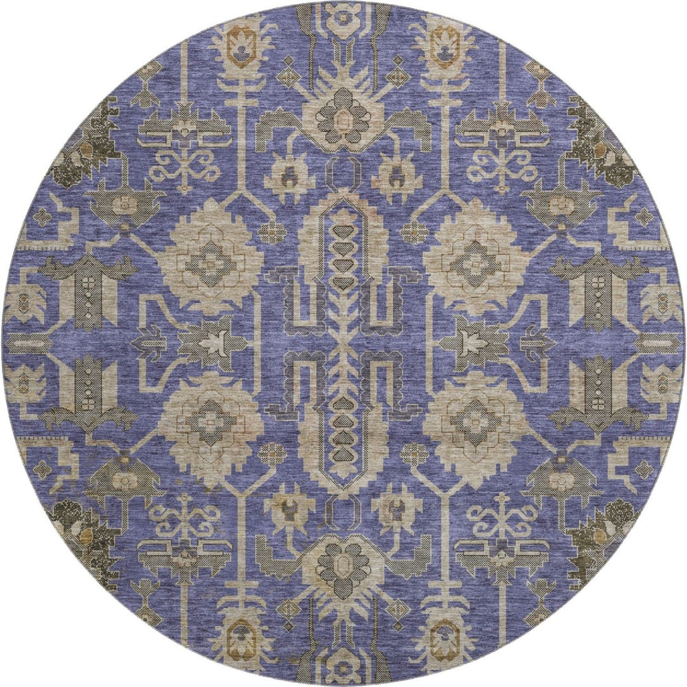 HomeRoots 8' Washable Oriental Round Rug in Purple, Beige & Charcoal - Durable, Stain-Resistant, UV Protected! 656672