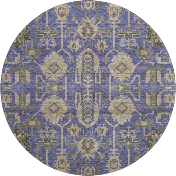 HomeRoots 8' Washable Oriental Round Rug in Purple, Beige & Charcoal - Durable, Stain-Resistant, UV Protected! 656672