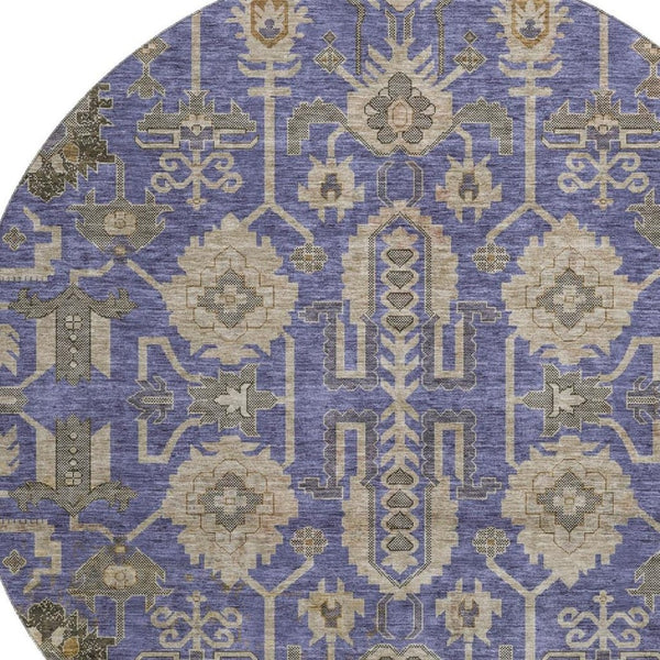 HomeRoots 8' Washable Oriental Round Rug in Purple, Beige & Charcoal - Durable, Stain-Resistant, UV Protected! 656672