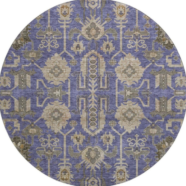 HomeRoots 8' Washable Oriental Round Rug in Purple, Beige & Charcoal - Durable, Stain-Resistant, UV Protected! 656672
