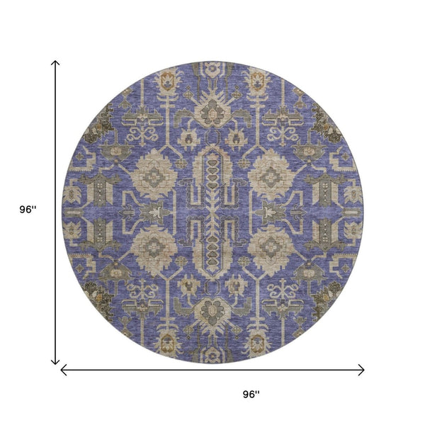 HomeRoots 8' Washable Oriental Round Rug in Purple, Beige & Charcoal - Durable, Stain-Resistant, UV Protected! 656672