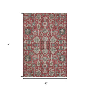 HomeRoots 5' X 8' Washable Oriental Area Rug in Red, Beige & Charcoal with UV Protection for Every Home 656677
