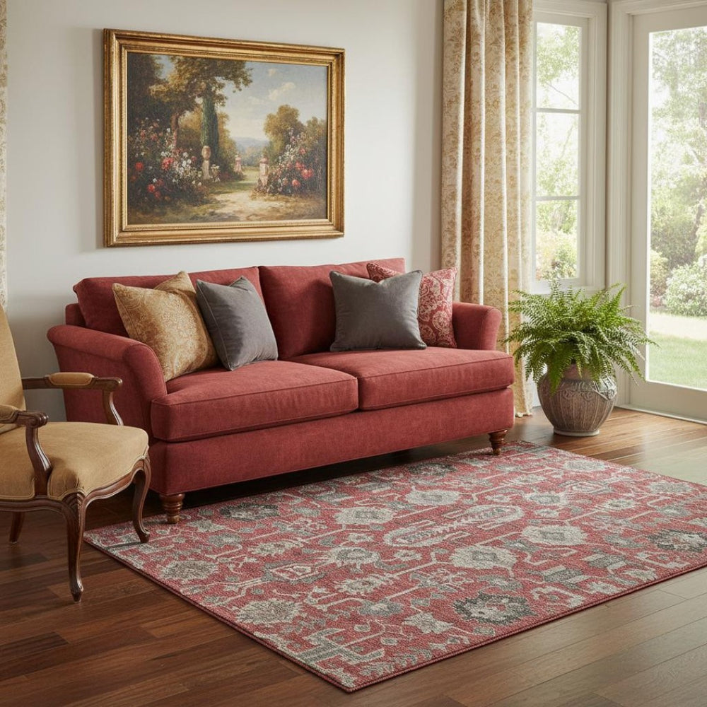 HomeRoots 5' X 8' Washable Oriental Area Rug in Red, Beige & Charcoal with UV Protection for Every Home 656677