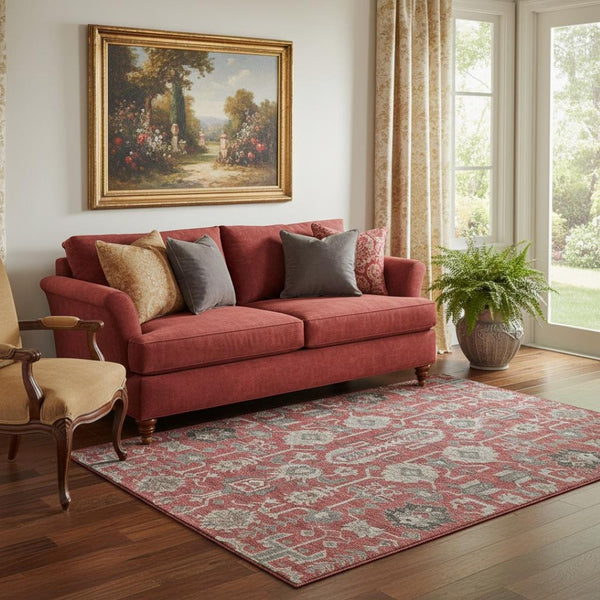 HomeRoots 5' X 8' Washable Oriental Area Rug in Red, Beige & Charcoal with UV Protection for Every Home 656677