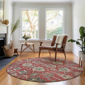 HomeRoots 8' Red Beige and Charcoal Round Rug - Washable, UV-Protected, Stain-Resistant for Busy Homes 656678