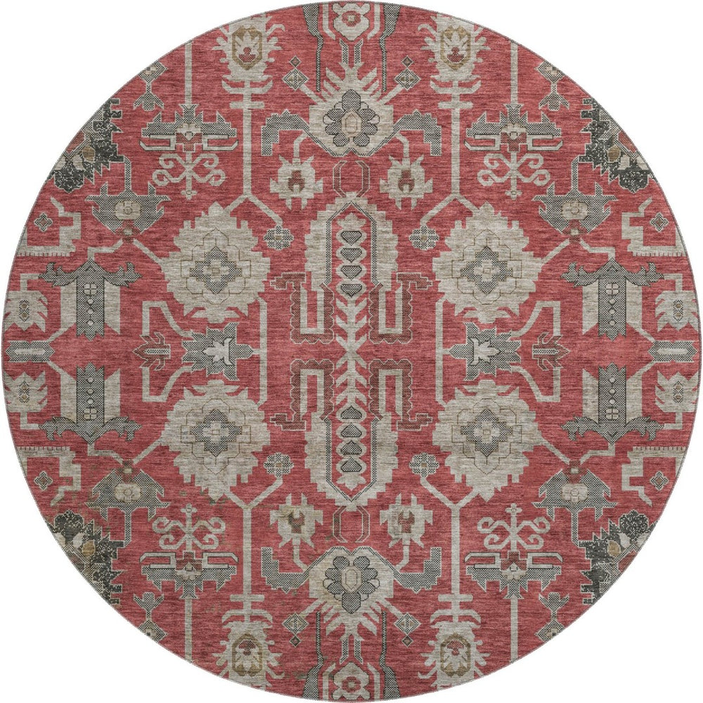 HomeRoots 8' Red Beige and Charcoal Round Rug - Washable, UV-Protected, Stain-Resistant for Busy Homes 656678