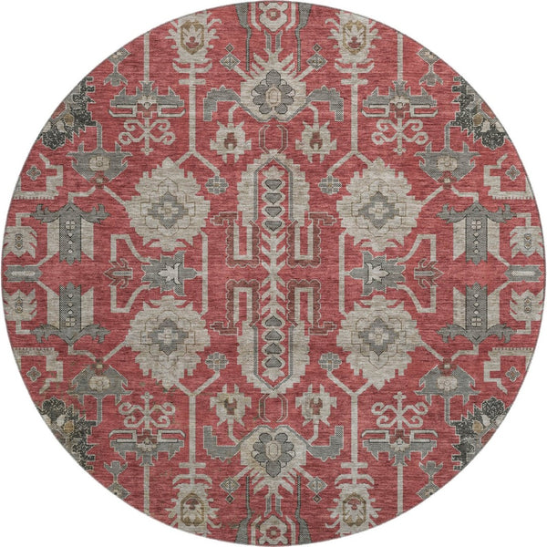 HomeRoots 8' Red Beige and Charcoal Round Rug - Washable, UV-Protected, Stain-Resistant for Busy Homes 656678