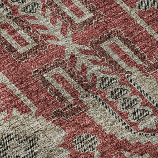 HomeRoots 8' Red Beige and Charcoal Round Rug - Washable, UV-Protected, Stain-Resistant for Busy Homes 656678