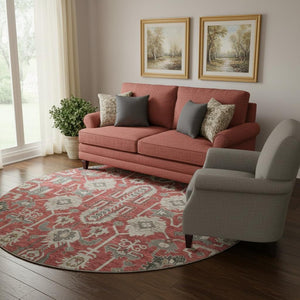 HomeRoots 8' Red Beige and Charcoal Round Rug - Washable, UV-Protected, Stain-Resistant for Busy Homes 656678