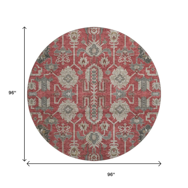 HomeRoots 8' Red Beige and Charcoal Round Rug - Washable, UV-Protected, Stain-Resistant for Busy Homes 656678
