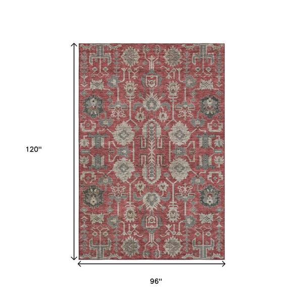 HomeRoots 8' X 10' Red, Beige & Charcoal Oriental Area Rug – Washable, Stain Resistant & UV Protected Elegance 656679