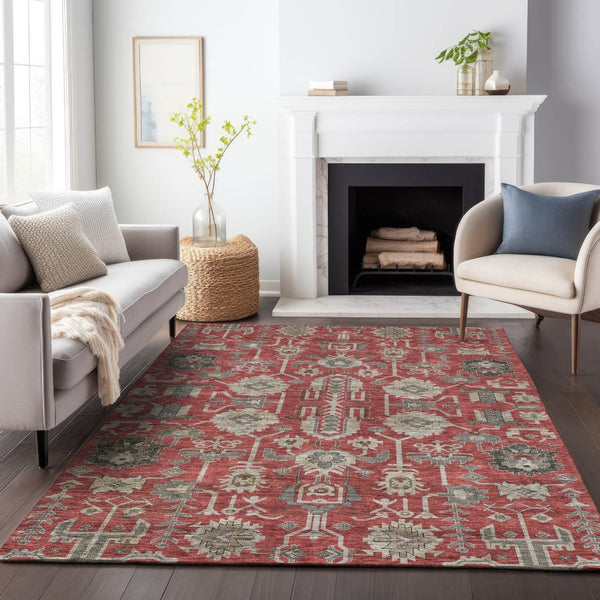 HomeRoots 8' X 10' Red, Beige & Charcoal Oriental Area Rug – Washable, Stain Resistant & UV Protected Elegance 656679