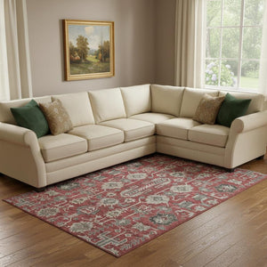 HomeRoots 8' X 10' Red, Beige & Charcoal Oriental Area Rug – Washable, Stain Resistant & UV Protected Elegance 656679