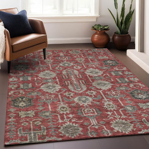 HomeRoots 8' X 10' Red, Beige & Charcoal Oriental Area Rug – Washable, Stain Resistant & UV Protected Elegance 656679