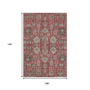 HomeRoots 9' X 12' Oriental Washable Area Rug in Red, Beige & Charcoal - UV Protected, Stain Resistant Design! 656680