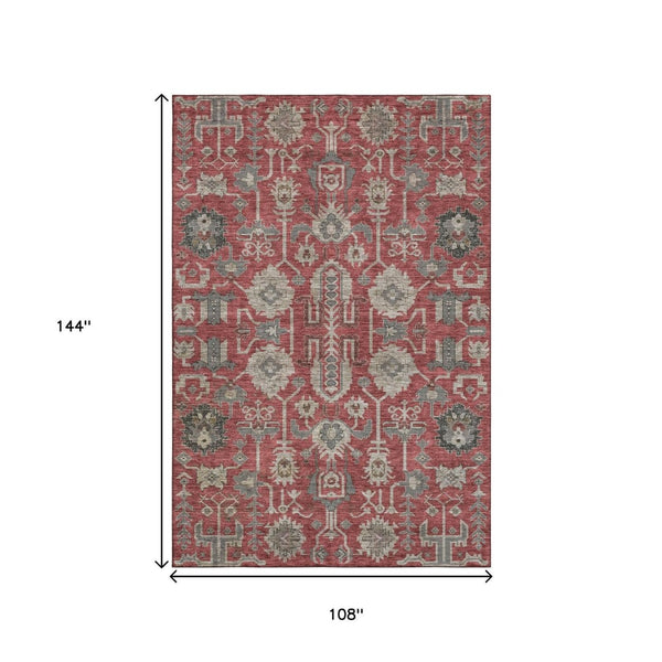 HomeRoots 9' X 12' Oriental Washable Area Rug in Red, Beige & Charcoal - UV Protected, Stain Resistant Design! 656680