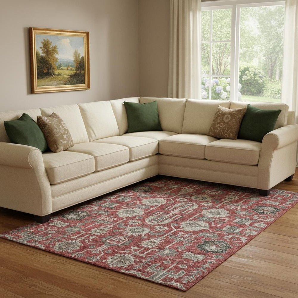 HomeRoots 9' X 12' Oriental Washable Area Rug in Red, Beige & Charcoal - UV Protected, Stain Resistant Design! 656680