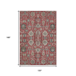 HomeRoots 10' Red, Beige & Charcoal Oriental Washable Area Rug - UV Protected, Stain Resistant, Durable Design 656681