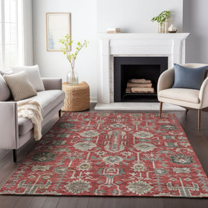 HomeRoots 10' Red, Beige & Charcoal Oriental Washable Area Rug - UV Protected, Stain Resistant, Durable Design 656681