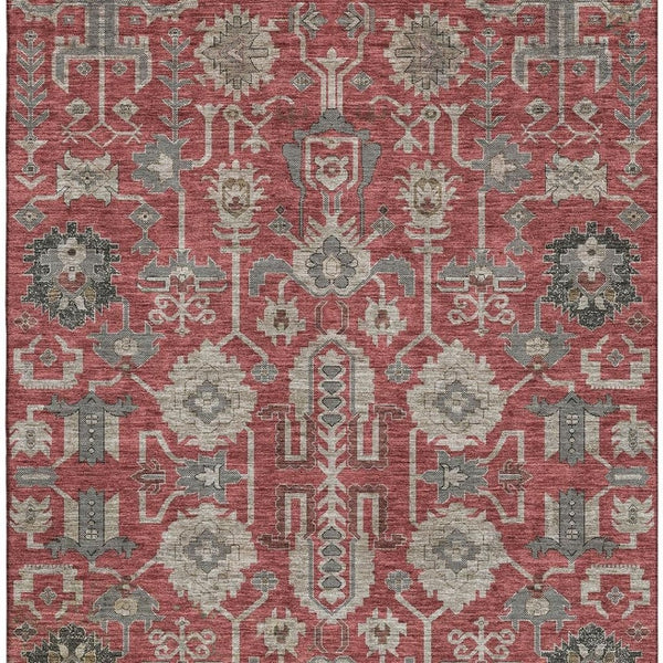 HomeRoots 10' Red, Beige & Charcoal Oriental Washable Area Rug - UV Protected, Stain Resistant, Durable Design 656681