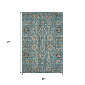 HomeRoots 5' X 8' Elegant Teal, Beige & Charcoal Washable Oriental Rug with UV Protection for High Traffic Areas 656683