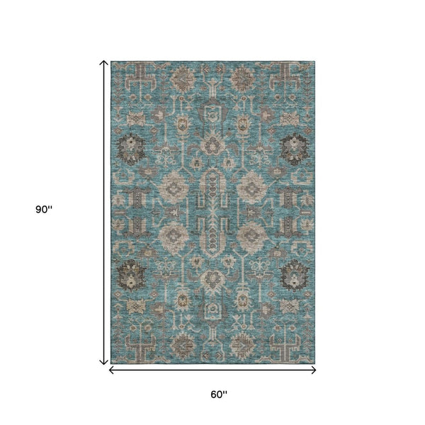 HomeRoots 5' X 8' Elegant Teal, Beige & Charcoal Washable Oriental Rug with UV Protection for High Traffic Areas 656683
