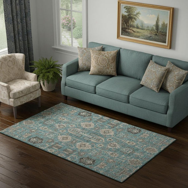HomeRoots 5' X 8' Elegant Teal, Beige & Charcoal Washable Oriental Rug with UV Protection for High Traffic Areas 656683