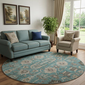 HomeRoots 8' Elegant Teal Beige Charcoal Round Rug - Washable, UV Protected, Stain Resistant for Busy Homes 656684