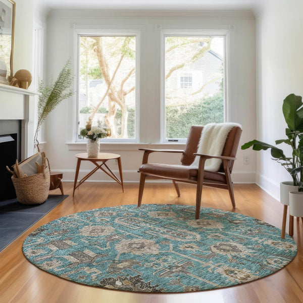 HomeRoots 8' Elegant Teal Beige Charcoal Round Rug - Washable, UV Protected, Stain Resistant for Busy Homes 656684