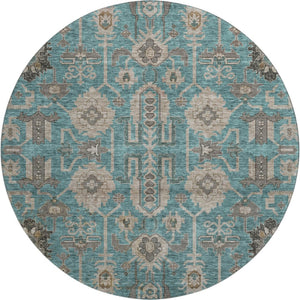 HomeRoots 8' Elegant Teal Beige Charcoal Round Rug - Washable, UV Protected, Stain Resistant for Busy Homes 656684