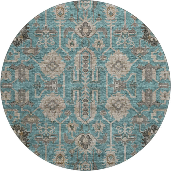 HomeRoots 8' Elegant Teal Beige Charcoal Round Rug - Washable, UV Protected, Stain Resistant for Busy Homes 656684