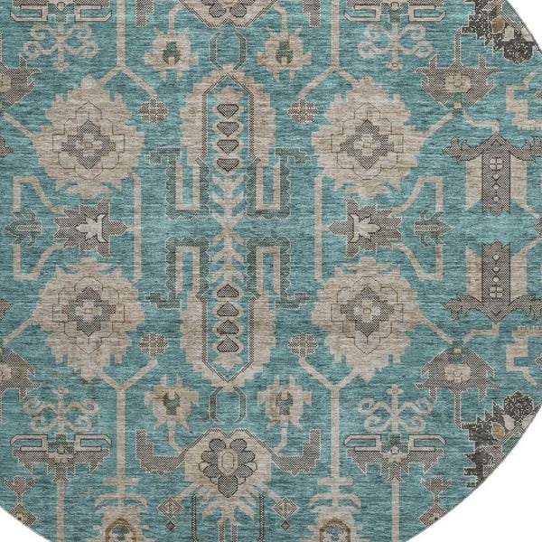 HomeRoots 8' Elegant Teal Beige Charcoal Round Rug - Washable, UV Protected, Stain Resistant for Busy Homes 656684