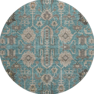 HomeRoots 8' Elegant Teal Beige Charcoal Round Rug - Washable, UV Protected, Stain Resistant for Busy Homes 656684