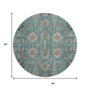 HomeRoots 8' Elegant Teal Beige Charcoal Round Rug - Washable, UV Protected, Stain Resistant for Busy Homes 656684