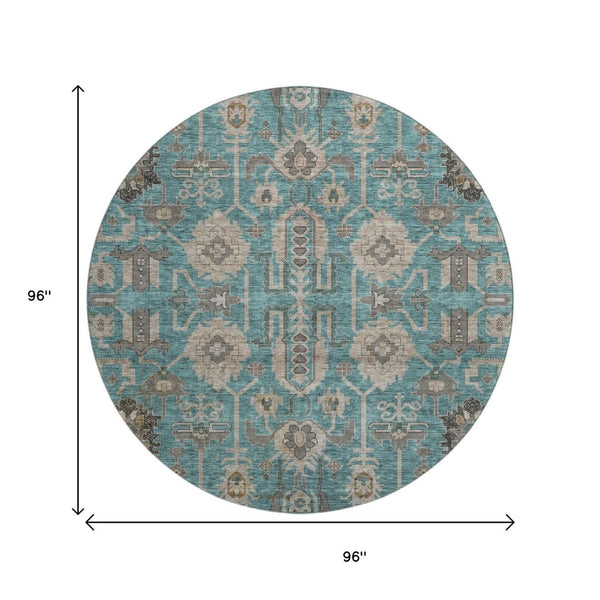 HomeRoots 8' Elegant Teal Beige Charcoal Round Rug - Washable, UV Protected, Stain Resistant for Busy Homes 656684