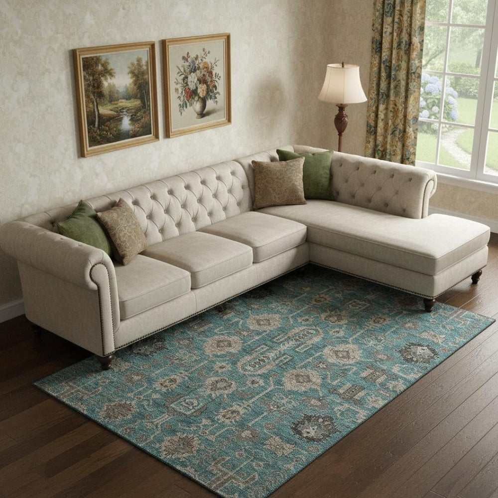 HomeRoots 8' X 10' Elegant Teal Beige Charcoal Washable Oriental Area Rug with UV Protection & Stain Resistance 656685