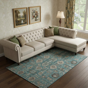 HomeRoots 8' X 10' Elegant Teal Beige Charcoal Washable Oriental Area Rug with UV Protection & Stain Resistance 656685