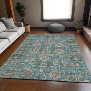 HomeRoots 8' X 10' Elegant Teal Beige Charcoal Washable Oriental Area Rug with UV Protection & Stain Resistance 656685