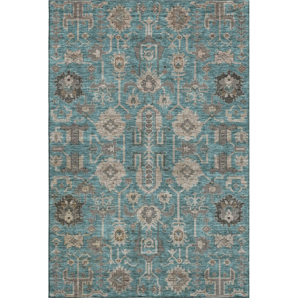 HomeRoots 8' X 10' Elegant Teal Beige Charcoal Washable Oriental Area Rug with UV Protection & Stain Resistance 656685