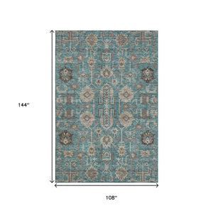 HomeRoots 9' X 12' Teal Beige Charcoal Oriental Area Rug – Durable, Washable, UV-Protected for Family Spaces 656686