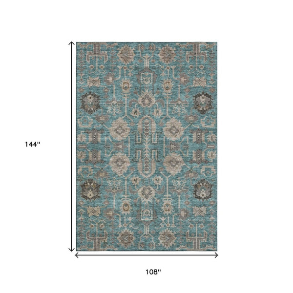 HomeRoots 9' X 12' Teal Beige Charcoal Oriental Area Rug – Durable, Washable, UV-Protected for Family Spaces 656686