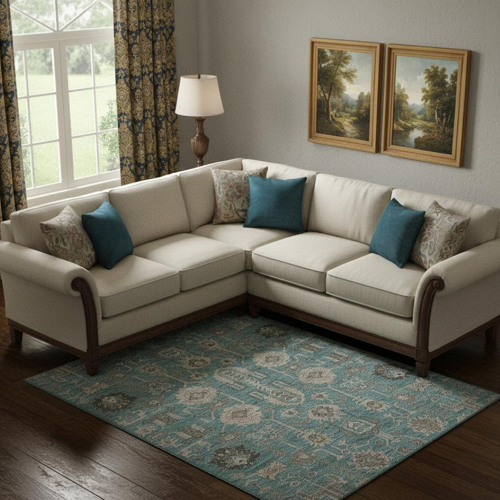 HomeRoots 9' X 12' Teal Beige Charcoal Oriental Area Rug – Durable, Washable, UV-Protected for Family Spaces 656686