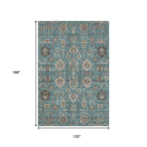 HomeRoots 10' X 14' Teal Beige Charcoal Oriental Area Rug - Washable, UV Protected, Soft Polyester for Families 656687